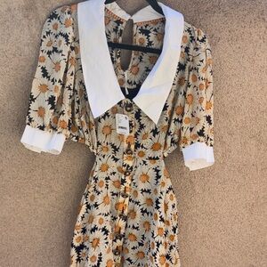 Free People Floral Daisy Print Midi Dress with Statement Collar